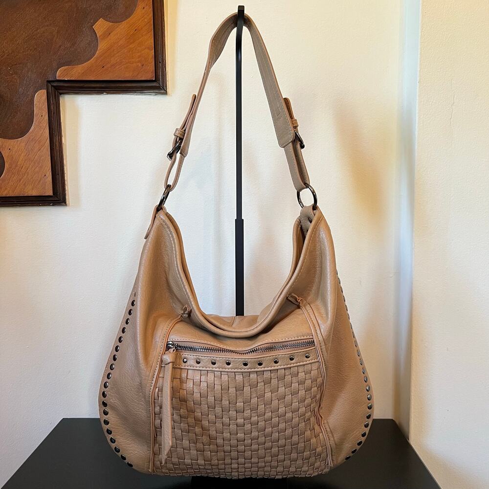 Antik Kraft Large Slouchy Woven Studded Hobo Shoulder Bag Tan Natural Silver